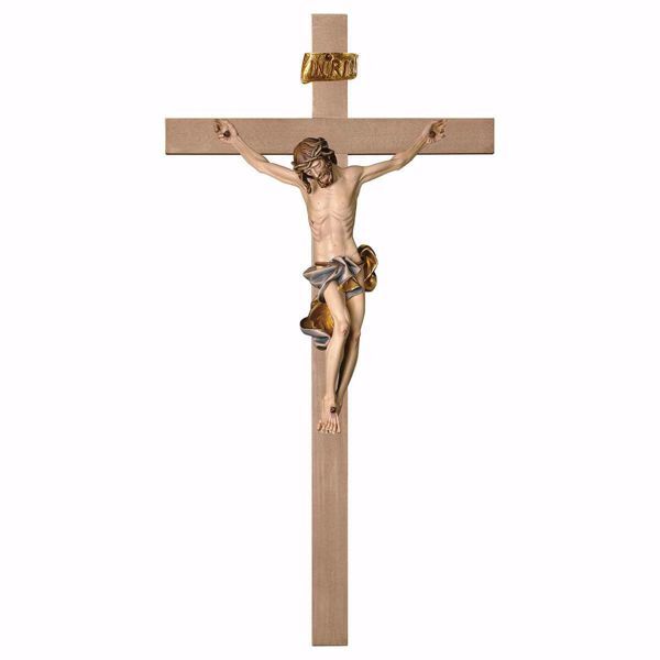 Picture of Baroque Crucifix Blue on smooth Cross cm 101x53 (39,8x20,9 inch) wooden Wall Sculpture painted with oil colours Val Gardena