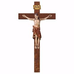 Immagine di Crocifisso Romanico Rosso su Croce dritta cm 105x56 (41,3x22,0 inch) Scultura da parete antichizzata oro in legno Val Gardena