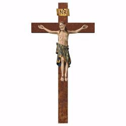 Picture of Romanesque Crucifix Blue on straight Cross cm 105x56 (41,3x22,0 inch) wooden Wall Sculpture antiqued with gold Val Gardena