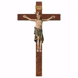 Picture of Romanesque Crucifix Blue with Crown on straight Cross cm 105x56 (41,3x22,0 inch) wooden Wall Sculpture antiqued with gold Val Gardena