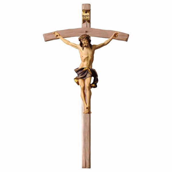 Picture of Nazarene Crucifix Blue on curved Cross cm 124x62 (55,9x24,4 inch) wooden Wall Sculpture painted with oil colours Val Gardena