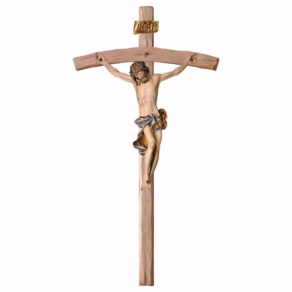 Picture of Baroque Crucifix Blue on curved Cross cm 124x62 (55,9x24,4 inch) wooden Wall Sculpture painted with oil colours Val Gardena