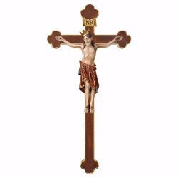 Picture of Romanesque Crucifix Red with Crown on baroque Cross cm 124x62 (55,9x24,4 inch) wooden Wall Sculpture antiqued with gold Val Gardena