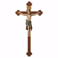 Picture of Romanesque Crucifix Blue with Crown on baroque Cross cm 124x62 (55,9x24,4 inch) wooden Wall Sculpture antiqued with gold Val Gardena