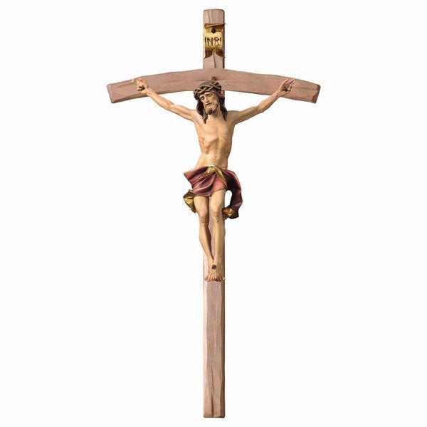 Immagine di Crocifisso Nazareno Rosso su Croce curva cm 180x90 (70,9x35,4 inch) Scultura da parete dipinta ad olio in legno Val Gardena