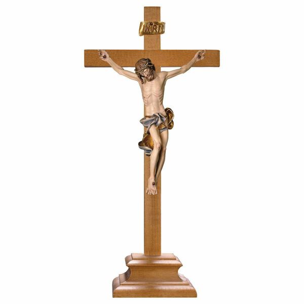 Picture of Baroque Crucifix Blue standing Cross with pedestal cm 24x12 (9,4x4,7 inch) wooden Sculpture painted with oil colours Val Gardena