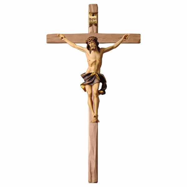 Picture of Nazarene Crucifix Blue on straight Cross cm 29x15 (11,4x5,9 inch) wooden Wall Sculpture painted with oil colours Val Gardena