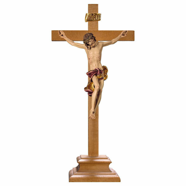 Imagen de Crucifijo Barroco Rojo sobre Cruz con pedestal cm 31x16 (12,6x5,9 inch) Escultura pintada al óleo en madera Val Gardena