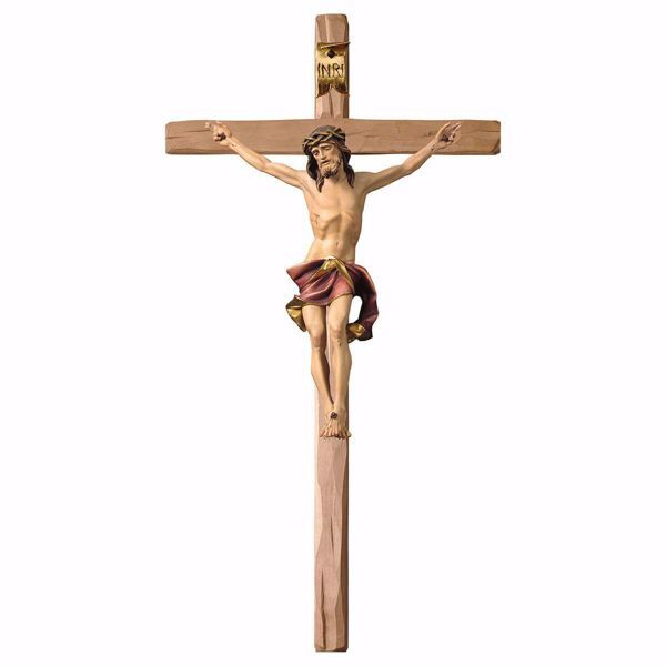 Immagine di Crocifisso Nazareno Rosso su Croce dritta cm 340x170 (134,0x66,9 inch) Scultura da parete dipinta ad olio in legno Val Gardena