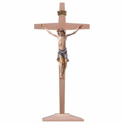 Immagine di Crocifisso Moderno su Croce con piedistallo cm 36x18 (14,2x7,1 inch) Scultura dipinta ad olio in legno Val Gardena