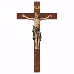 Picture of Romanesque Crucifix Blue on straight Cross cm 58x32 (22,8x12,6 inch) wooden Wall Sculpture antiqued with gold Val Gardena