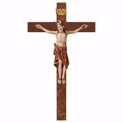 Immagine di Crocifisso Romanico Rosso con Corona su Croce dritta cm 58x32 (22,8x12,6 inch) Scultura da parete antichizzata oro in legno Val Gardena