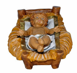 Picture of Baby Jesus in Cradle cm 20 (8 inch) Lux Euromarchi Nativity Scene Traditional style in wood stained plastic PVC for outdoor use