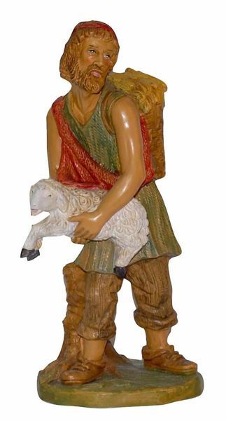 Immagine di Pastore con Pecora in braccio cm 30 (12 inch) Presepe Euromarchi in plastica PVC per esterno tinto legno Stile Napoletano