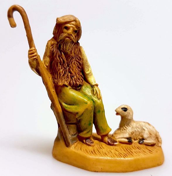 Immagine di Pastore seduto con bastone Presepe Pellegrini 4 cm plastica economico tinto legno