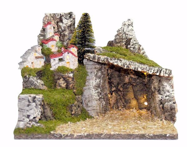 Immagine di Paesaggio con luci cm 10 (39 inch) Villaggio Presepe Euromarchi in Legno Sughero Muschio fatto a mano 