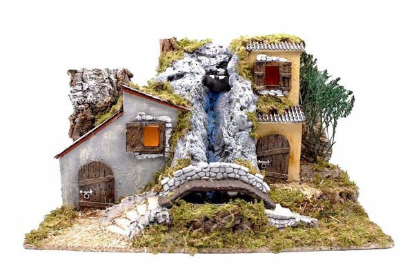 Picture of Landscape with Lights and Waterfall cm 10 (3,9 inch) handmade Euromarchi Nativity Village in Wood Cork Moss 