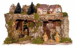 Immagine di Set Natività Sacra Famiglia 6 Pezzi con Paesaggio cm 10 (3,9 inch) Villaggio Presepe Completo Euromarchi con luci 