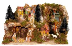 Immagine di Presepe Completo Set Natività Sacra Famiglia 4 Pezzi con Paesaggio cm 10 (3,9 inch) Villaggio Presepe Euromarchi con luci 