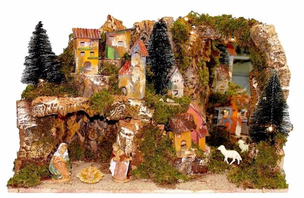 Immagine di Presepe Completo Set Natività Sacra Famiglia 4 Pezzi con Paesaggio cm 10 (39 inch) Villaggio Presepe Euromarchi con luci 