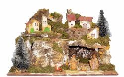 Immagine di Set Natività Sacra Famiglia 3 Pezzi con Paesaggio cm 10 (3,9 inch) Villaggio Presepe Completo Euromarchi con luci e fuoco 