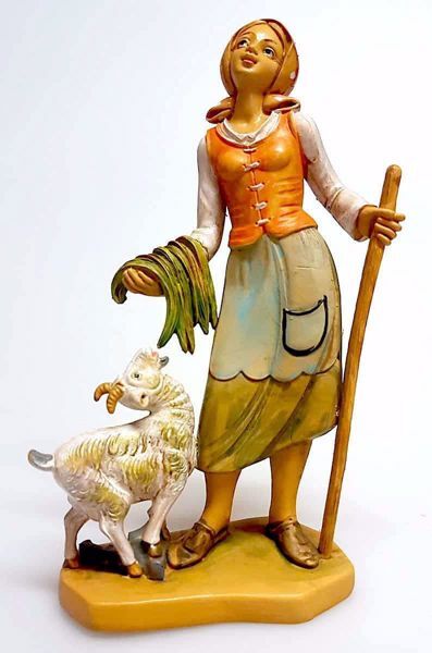 Imagen de Mujer con cabra cm 16 (6,3 inch) Belén Pellegrini Estatua en plástico PVC árabe tradicional pequeño Efecto Madera para uso en interior exterior