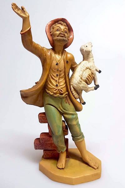 Immagine di Pastore con Pecora in braccio cm 16 (6,3 inch) Presepe Pellegrini Tinto Legno Statua in plastica PVC Arabo tradizionale piccolo per interno esterno 