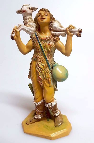 Picture of Shepherd with Sheep on his Shoulders cm 16 (6,3 inch) Pellegrini Nativity Scene small size Statue Wood Stained plastic PVC traditional Arabic indoor outdoor use 