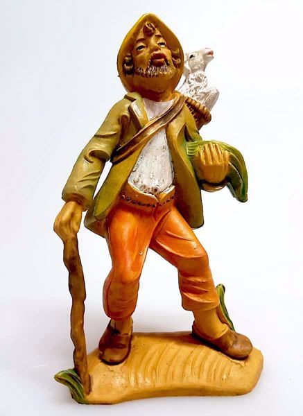 Immagine di Pastore con pecora nel cesto Presepe Pellegrini 12 cm plastica economico italiano tinto legno