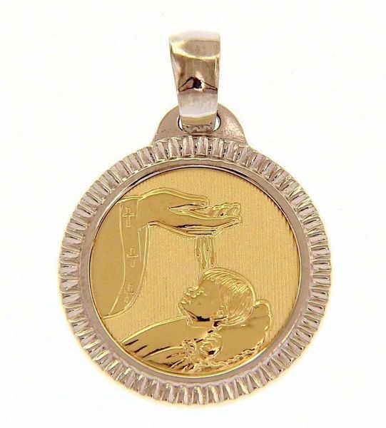 Imagen de Bautismo Don de Dios con borde trabajado Medalla Sagrada Colgante redonda gr 2,5 Oro amarillo 18kt para Bebés (Niños y Niñas)