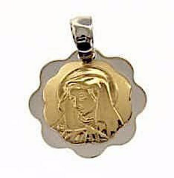 Picture of Madonna Our Lady of Sorrows Sacred Medal Round Pendant gr 1,7 Bicolour yellow white Gold 18k with flower edge for Woman 