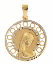 Immagine di Madonna in preghiera doppia aureola con punti luce Medaglia Sacra Pendente tonda gr 1,6 Bicolore Oro giallo bianco 18kt con Zirconi da Donna