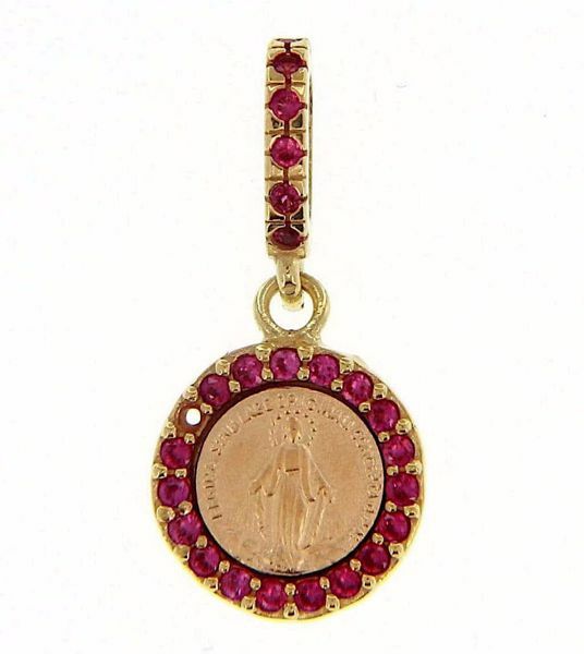 Picture of Miracolous Madonna Our Lady of Graces with crown Coining Sacred Medal Round Pendant gr 1,4 Yellow Gold 18k red Zircons Mother of Pearl for Woman 