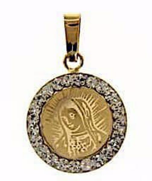 Immagine di Vergine Maria Madonna Addolorata con corona Medaglia Pendente tonda gr 0,65 Oro giallo 18kt con Zirconi da Donna 