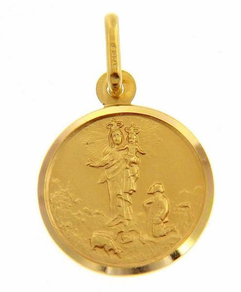 Immagine di Madonna della Guardia con Bambino e Corona Medaglia Sacra Pendente tonda Conio gr 2,4 Oro giallo 18kt con bordo liscio da Donna 