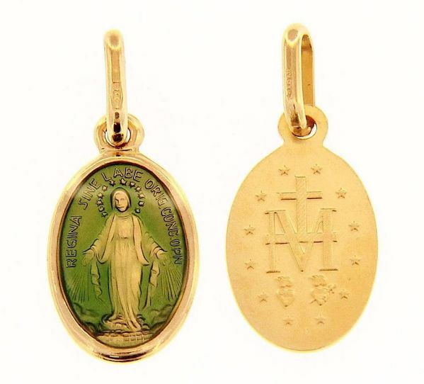 Immagine di Madonna Miracolosa Medaglia Sacra Pendente ovale Conio gr 1,5 Oro giallo 18kt con Smalto verde da Donna 