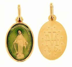Immagine di Madonna Miracolosa Medaglia Sacra Pendente ovale Conio gr 2,2 Oro giallo 18kt con Smalto verde da Donna 