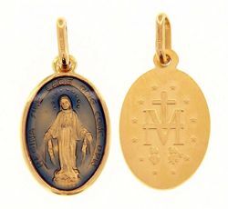 Immagine di Madonna Miracolosa Medaglia Sacra Pendente ovale Conio gr 2,2 Oro giallo 18kt con Smalto blu da Donna 