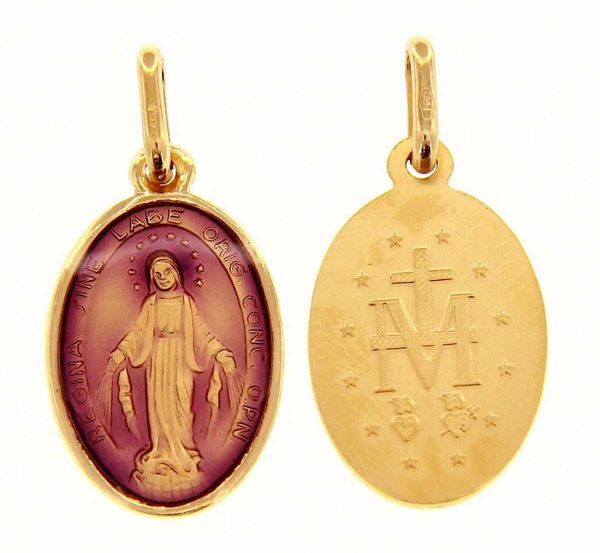Immagine di Madonna Miracolosa Medaglia Sacra Pendente ovale Conio gr 2,2 Oro giallo 18kt con Smalto viola da Donna 