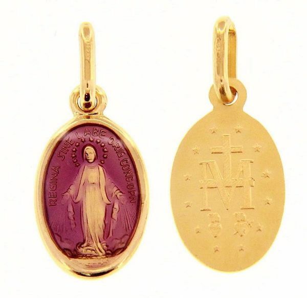Picture of Miracolous Madonna Our Lady of Graces Coining Sacred Oval Medal Pendant gr 1,4 Yellow Gold 18k with purple Enamel for Woman 
