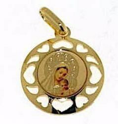 Imagen de Madonna Virgen con el Niño Medalla Sagrada Colgante redonda gr 1,05 Oro amarillo 18kt con Esmalte y borde de corazones para Mujer 