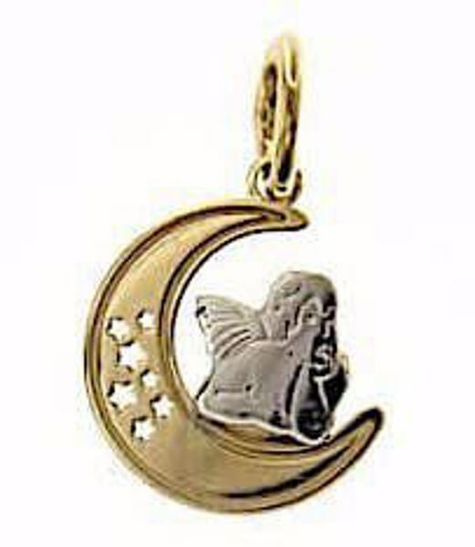 Picture of Angel of Raphael with Moon and Stars Sacred Medal Round Pendant gr 1 Bicolour yellow white Gold 18k for Woman, Boy and Girl