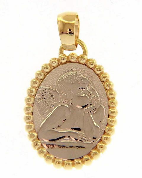 Immagine di Angelo di Raffaello Medaglia Sacra Pendente ovale gr 2,7 Bicolore Oro giallo bianco 18kt con corona a sfere Donna Bimba Bimbo