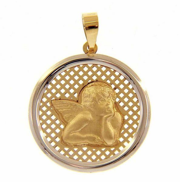 Picture of Angel of Raphael with perforated background Sacred Medal Round Pendant gr 2 Bicolour yellow white Gold 18k for Woman, Boy and Girl
