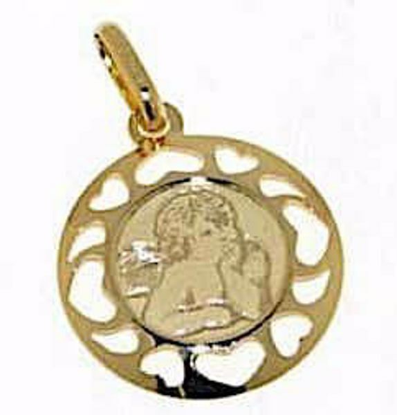Picture of Angel of Raphael Sacred Medal Round Pendant gr 1 Yellow Gold 18k with heart Frame for Woman, Boy and Girl
