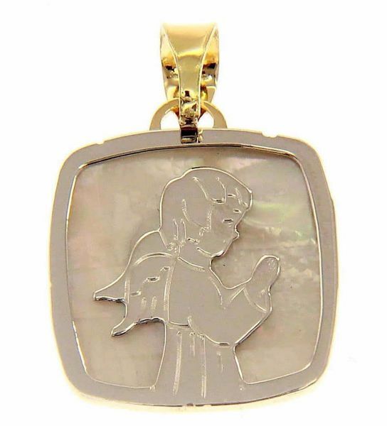 Picture of Guardian Angel praying Sacred Square Medal Pendant gr 1,9 Bicolour yellow white Gold 18k with white Mother of Pearl for Children (Boys and Girls)