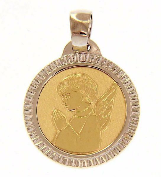 Picture of Guardian Angel praying with carved edge Sacred Medal Round Pendant gr 2,5 Bicolour yellow white Gold 18k for Children (Boys and Girls)