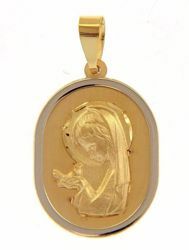 Picture of Young Mary with Dove Sacred Oval Medal Pendant gr 1,4 Bicolour yellow white Gold 18k for Children (Boys and Girls) 