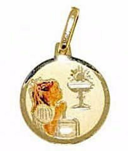 Picture of Girl praying First Communion Sacred Medal Round Pendant gr 0,9 Yellow Gold 18k with Enamel for Children (Boys and Girls) 