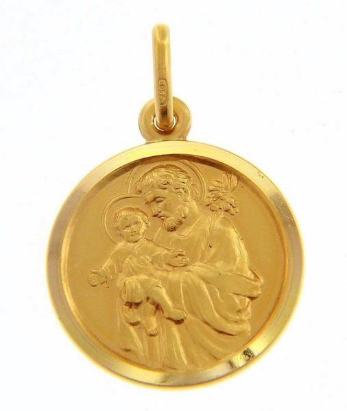 Immagine di San Giuseppe con Gesù Bambino Medaglia Sacra Pendente tonda Conio gr 3,4 Oro giallo 18kt con bordo liscio da Uomo 